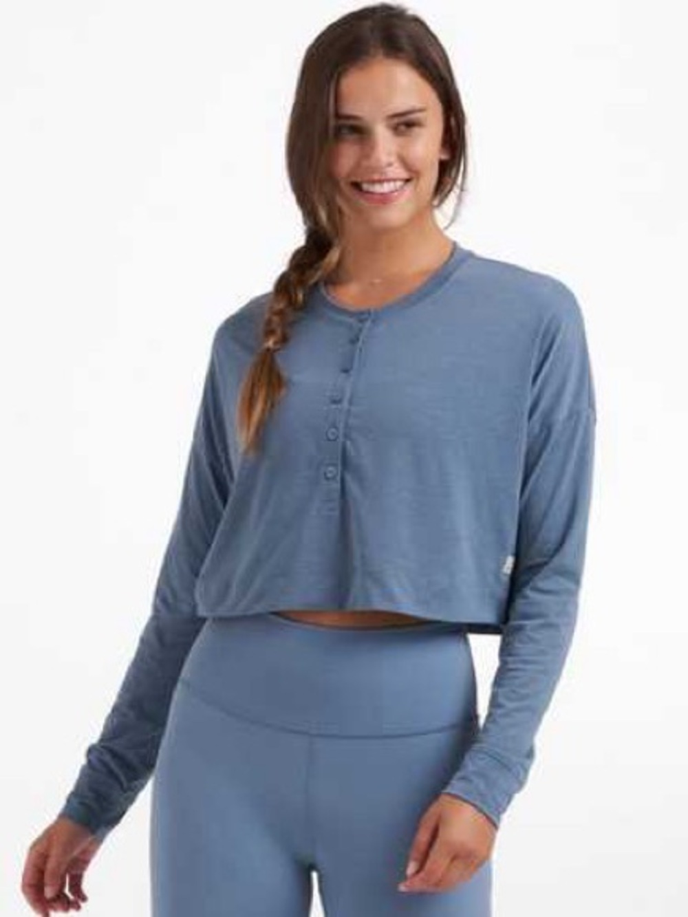 EUC Vuori Avalon Crop Henley Long Sleeve Blue Gray Tone Button-Up Neckline Small